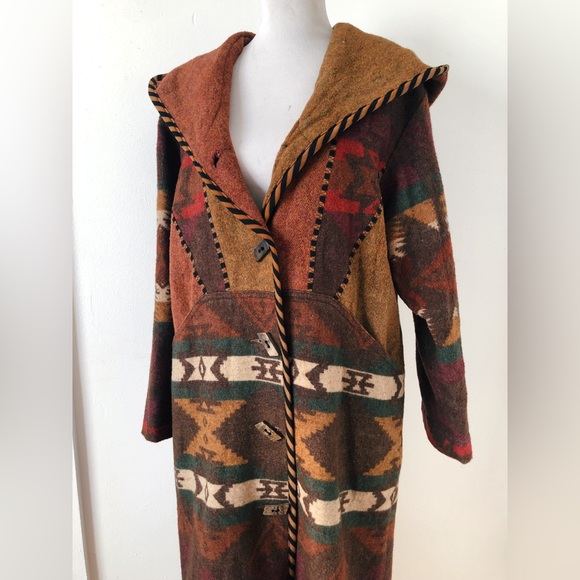 Vintage 80s 90s Southwestern Hooded Wool Blanket Coat / Wool Duster Coat - Picture 2 of 16